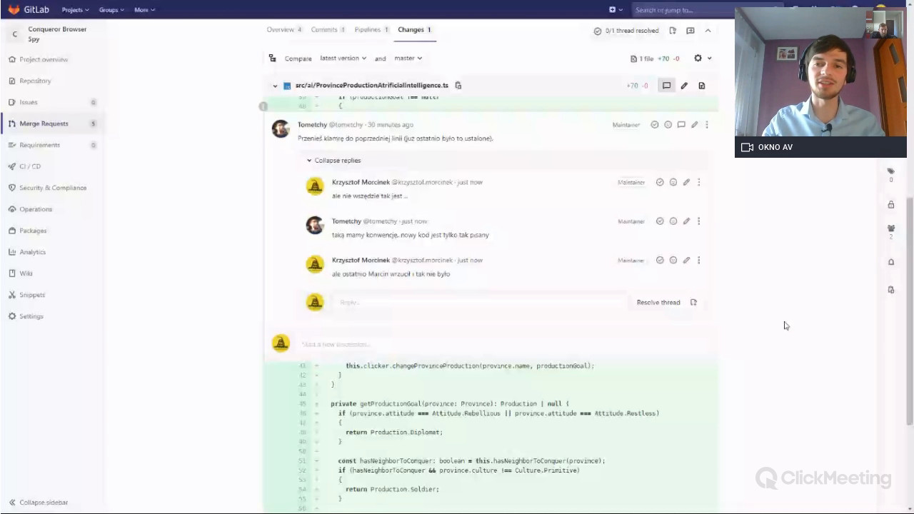 Screenshot from webinar with GitLab code review and Tometchy in corner